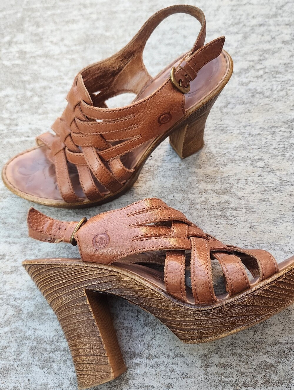 Born Adriel Women’s Tan Leather Strappy Heel Slingback Buckle Sandals, Sz 9
